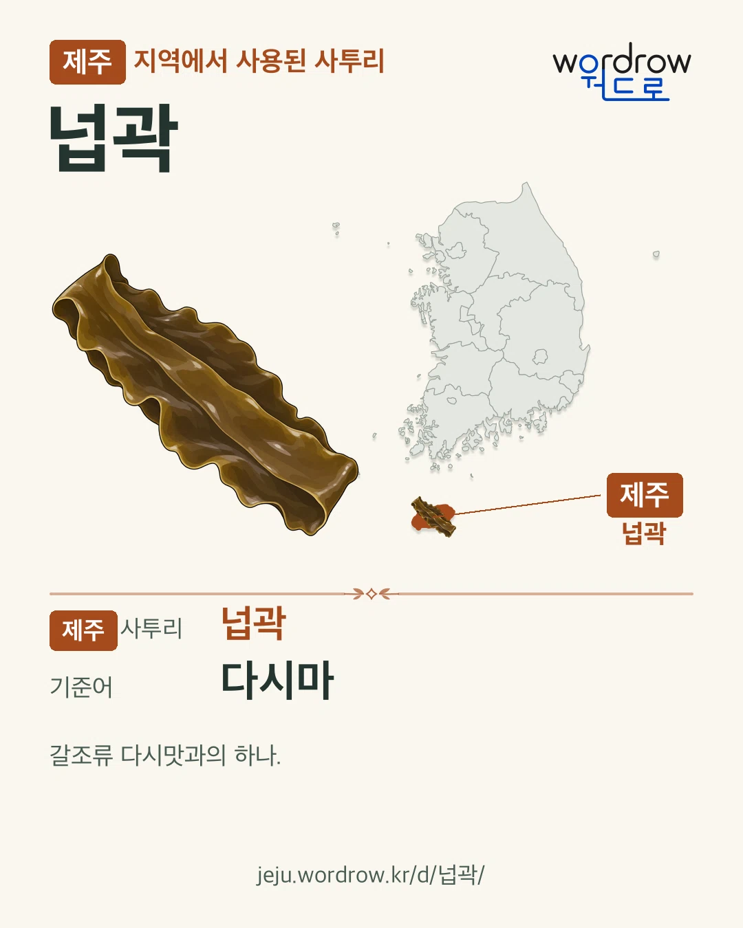 제주 지역에서 사용된 사투리 ‘넙곽’. 기준어: 다시마. 기록 지역을 표시한 카툰 삽화와 지도 카드.