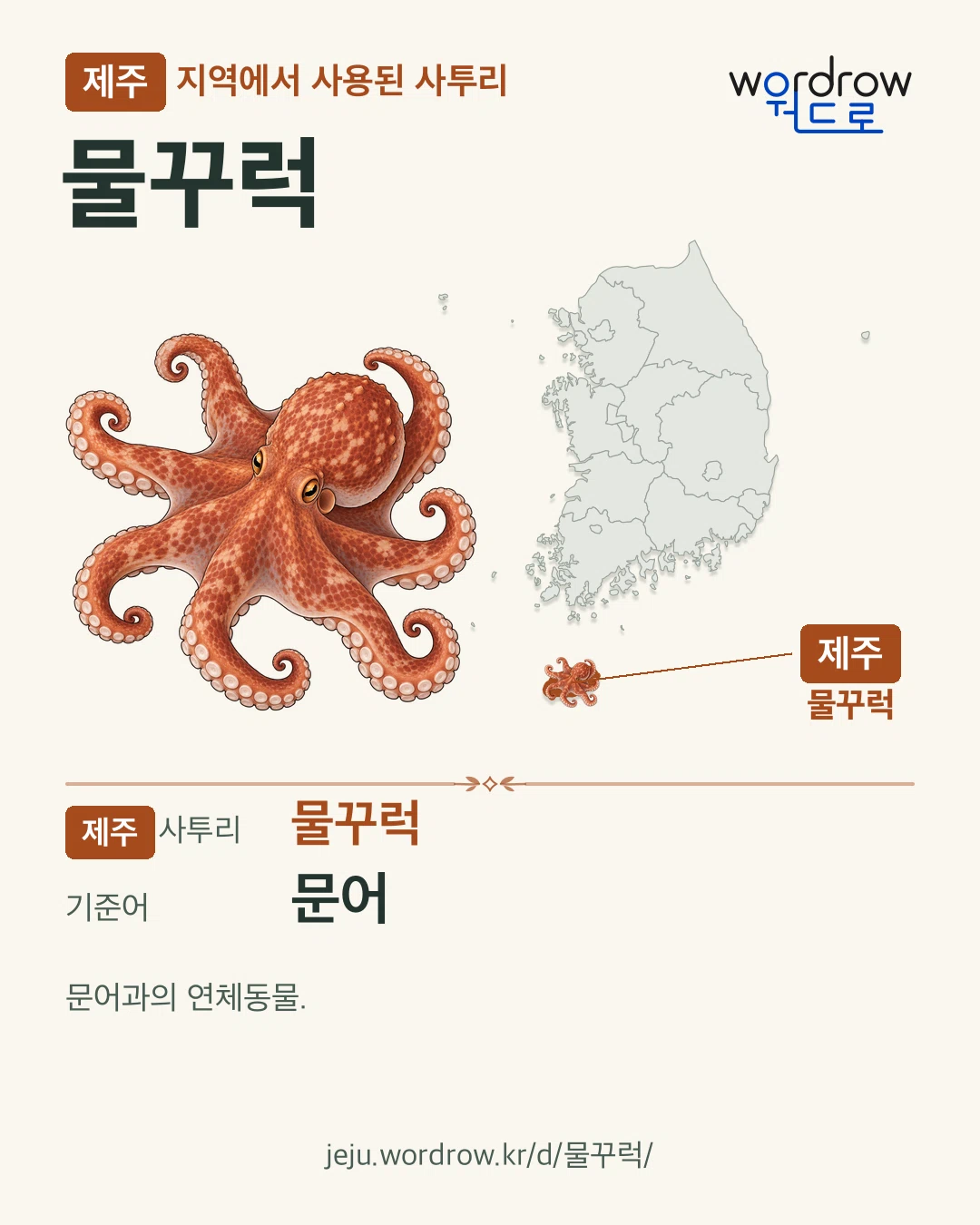 제주 지역에서 사용된 사투리 ‘물꾸럭’. 기준어: 문어. 기록 지역을 표시한 카툰 삽화와 지도 카드.
