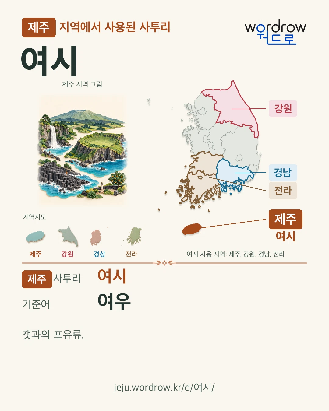 제주 지역에서 사용된 사투리 ‘여시’. 기준어: 여우. 기록 지역을 표시한 지역 그림과 지도 카드.