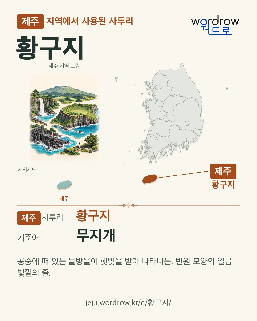 제주 지역에서 사용된 사투리 ‘황구지’. 기준어: 무지개. 기록 지역을 표시한 지역 그림과 지도 카드.
