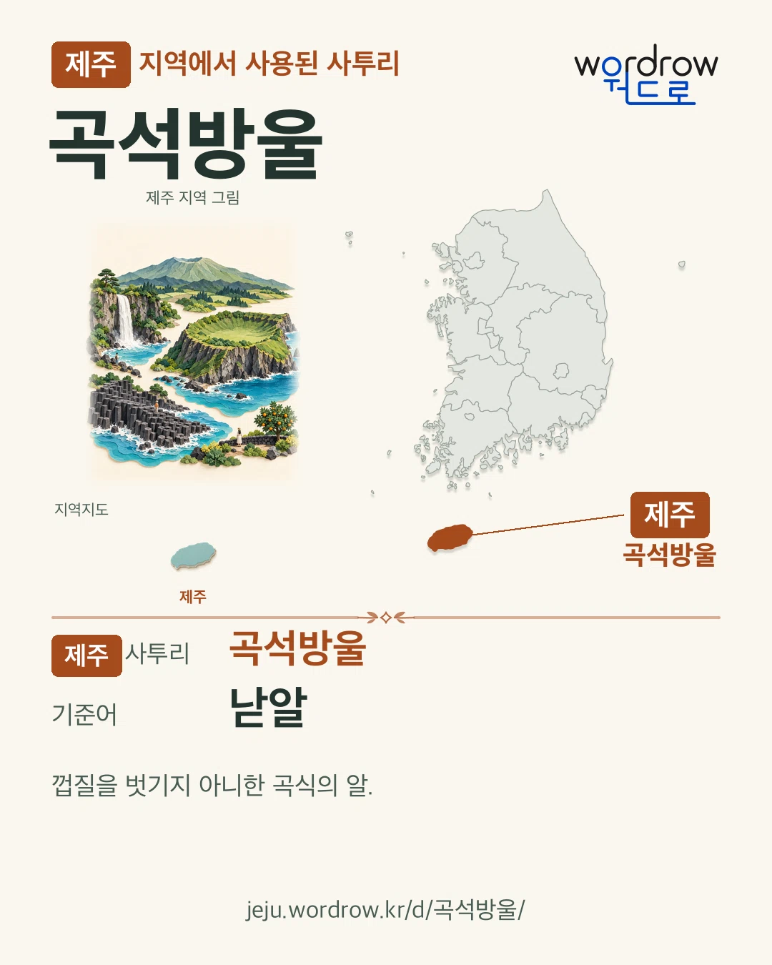 제주 지역에서 사용된 사투리 ‘곡석방울’. 기준어: 낟알. 기록 지역을 표시한 지역 그림과 지도 카드.