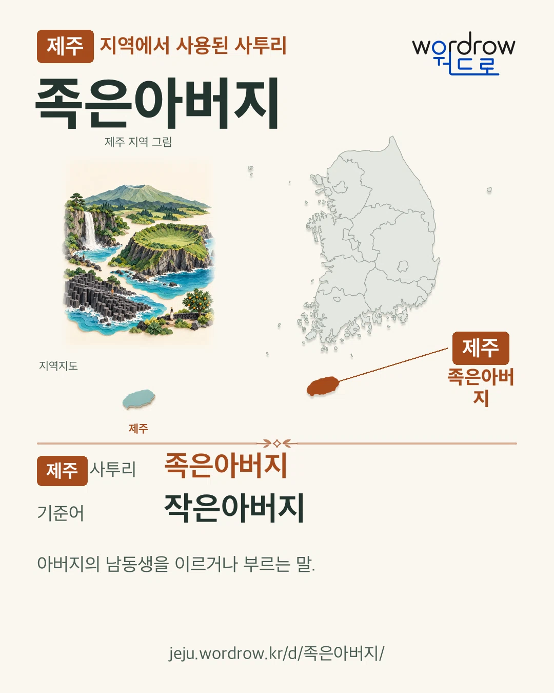 제주 지역에서 사용된 사투리 ‘족은아버지’. 기준어: 작은아버지. 기록 지역을 표시한 지역 그림과 지도 카드.