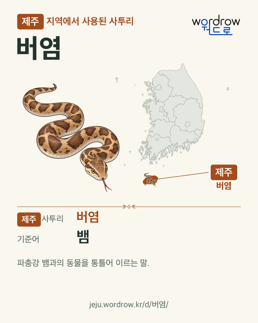 제주 지역에서 사용된 사투리 ‘버염’. 기준어: 뱀. 기록 지역을 표시한 카툰 삽화와 지도 카드.