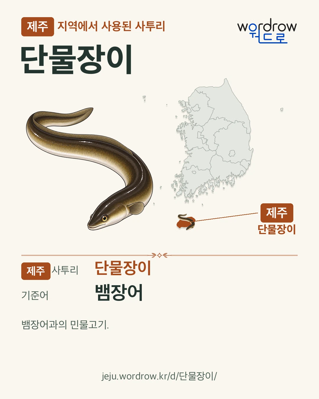 제주 지역에서 사용된 사투리 ‘단물장이’. 기준어: 뱀장어. 기록 지역을 표시한 카툰 삽화와 지도 카드.