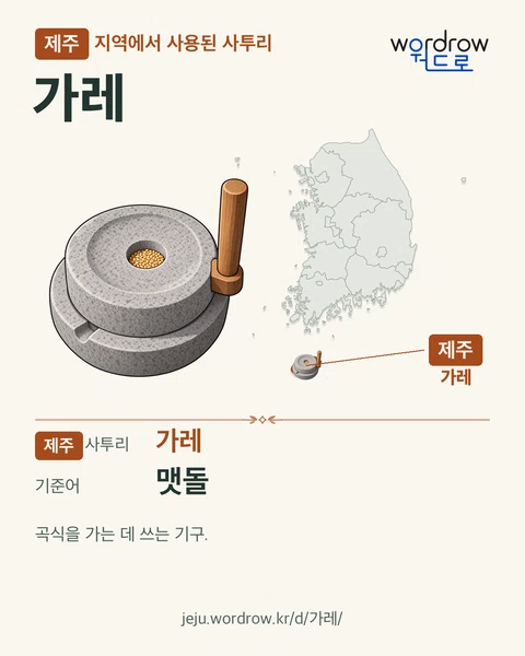 제주 지역에서 사용된 사투리 ‘가레’. 기준어: 맷돌. 기록 지역을 표시한 카툰 삽화와 지도 카드.