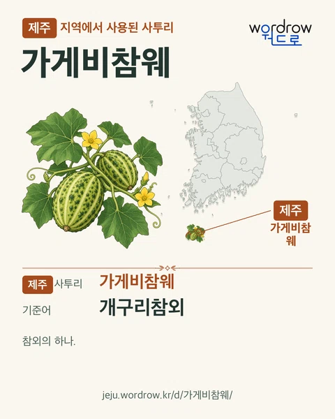 제주 지역에서 사용된 사투리 ‘가게비참웨’. 기준어: 개구리참외. 기록 지역을 표시한 카툰 삽화와 지도 카드.