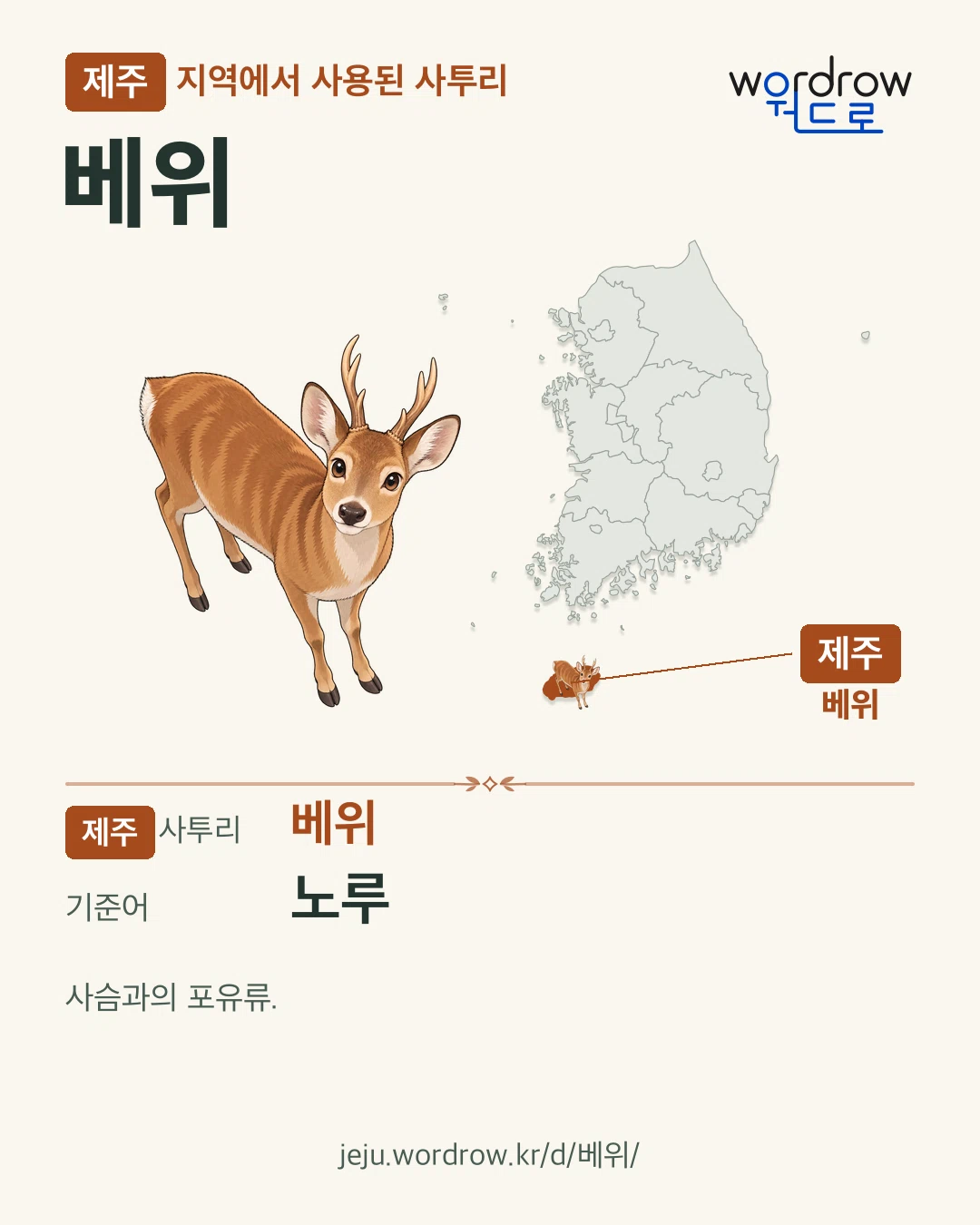 제주 지역에서 사용된 사투리 ‘베위’. 기준어: 노루. 기록 지역을 표시한 카툰 삽화와 지도 카드.
