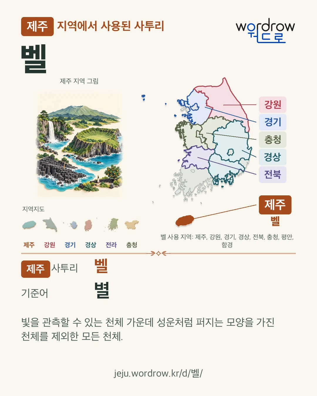 제주 지역에서 사용된 사투리 ‘벨’. 기준어: 별. 기록 지역을 표시한 지역 그림과 지도 카드.