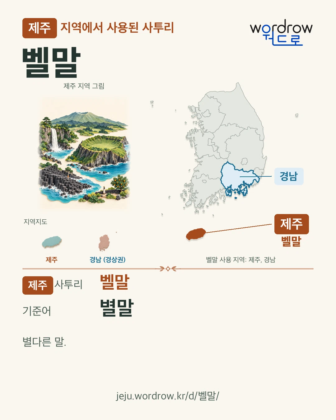 제주 지역에서 사용된 사투리 ‘벨말’. 기준어: 별말. 기록 지역을 표시한 지역 그림과 지도 카드.