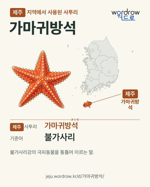 제주 지역에서 사용된 사투리 ‘가마귀방석’. 기준어: 불가사리. 기록 지역을 표시한 카툰 삽화와 지도 카드.