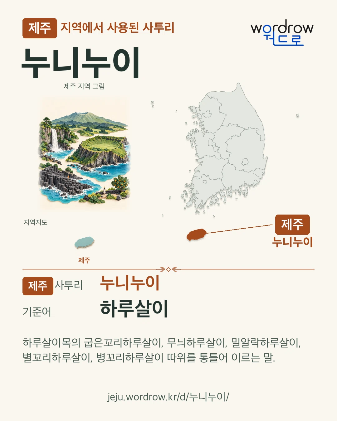 제주 지역에서 사용된 사투리 ‘누니누이’. 기준어: 하루살이. 기록 지역을 표시한 지역 그림과 지도 카드.