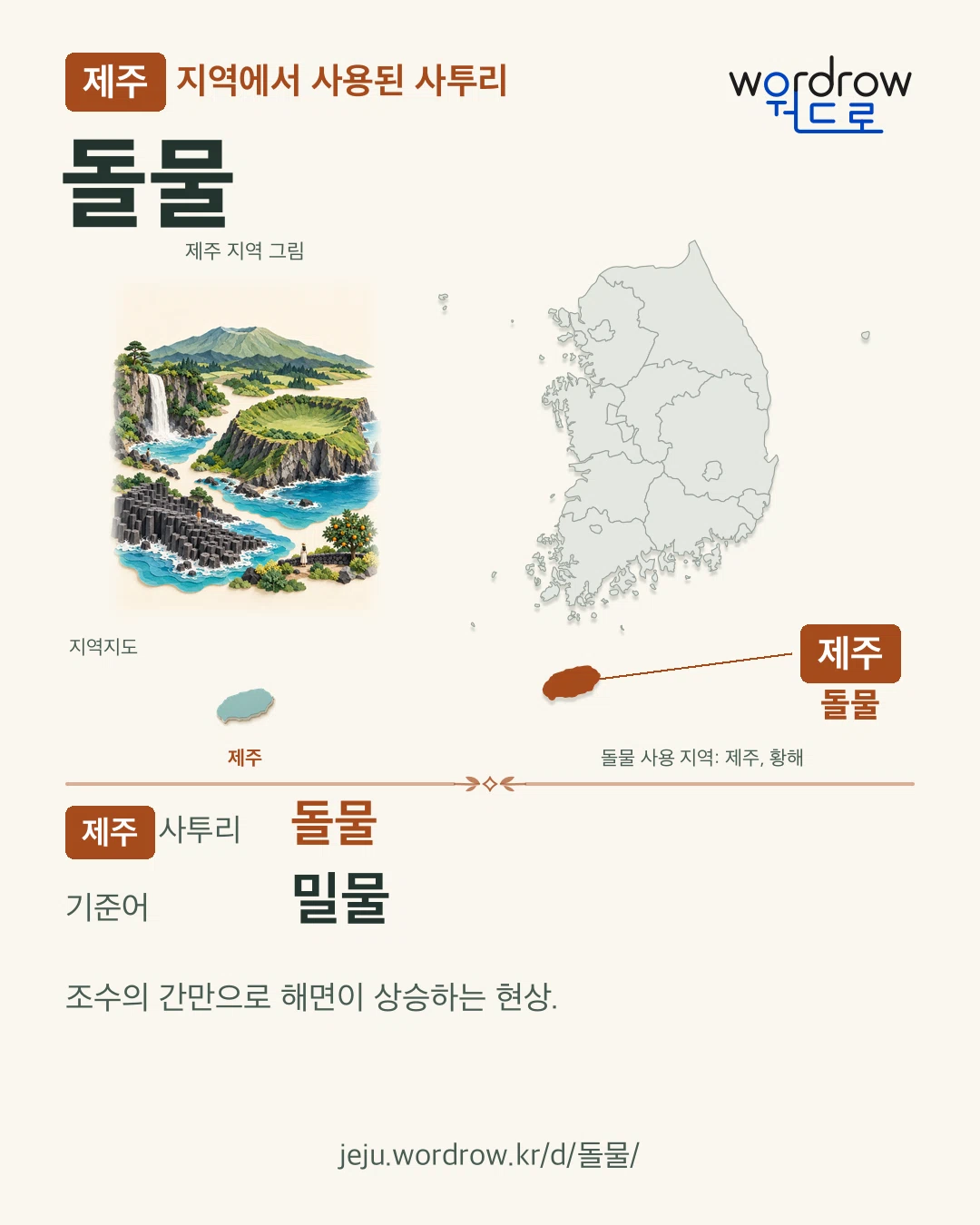 제주 지역에서 사용된 사투리 ‘돌물’. 기준어: 밀물. 기록 지역을 표시한 지역 그림과 지도 카드.