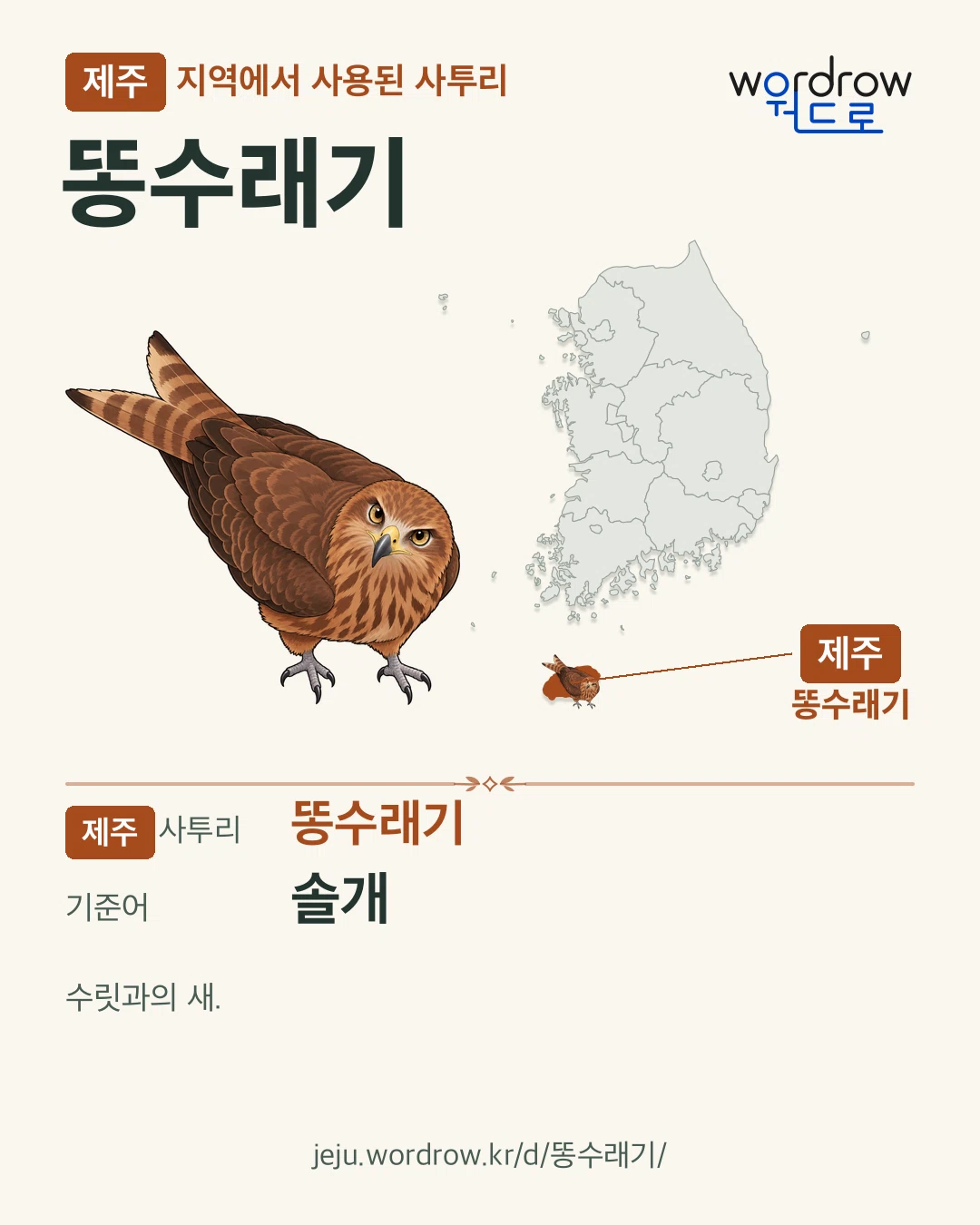 제주 지역에서 사용된 사투리 ‘똥수래기’. 기준어: 솔개. 기록 지역을 표시한 카툰 삽화와 지도 카드.