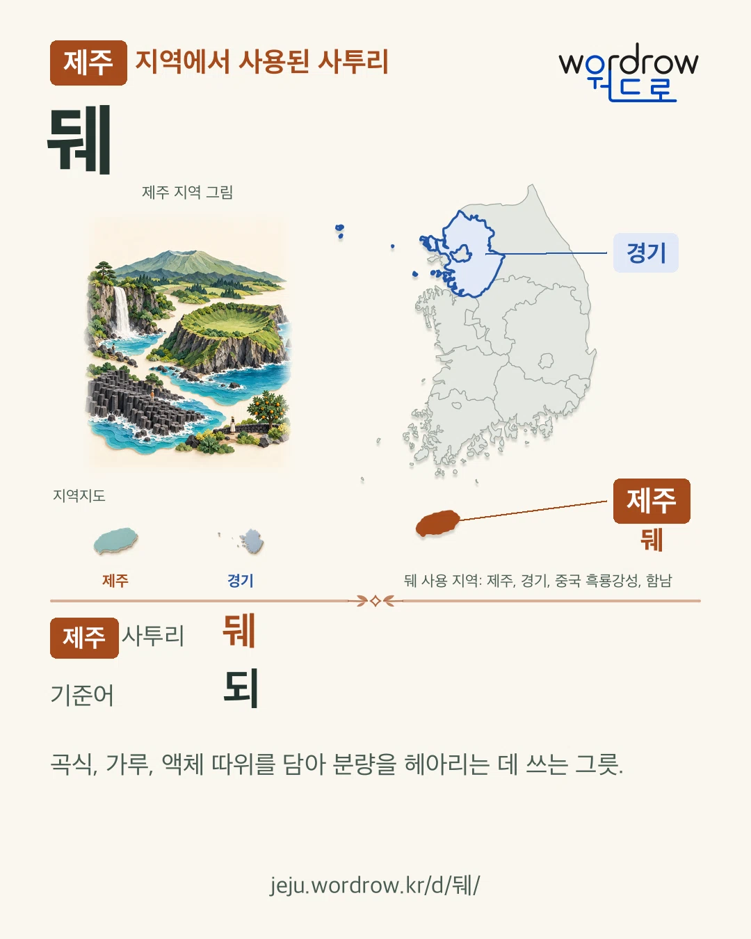 제주 지역에서 사용된 사투리 ‘뒈’. 기준어: 되. 기록 지역을 표시한 지역 그림과 지도 카드.