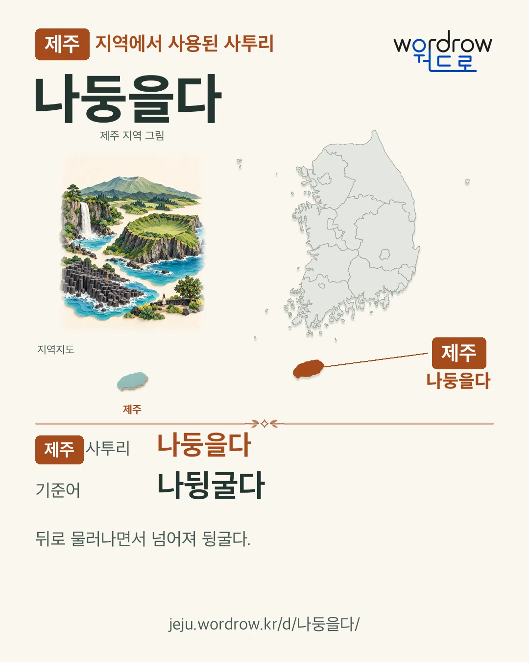 제주 지역에서 사용된 사투리 ‘나둥을다’. 기준어: 나뒹굴다. 기록 지역을 표시한 지역 그림과 지도 카드.