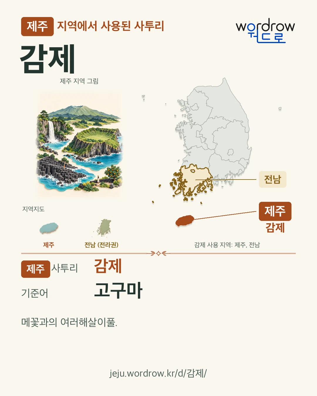 제주 지역에서 사용된 사투리 ‘감제’. 기준어: 고구마. 기록 지역을 표시한 지역 그림과 지도 카드.