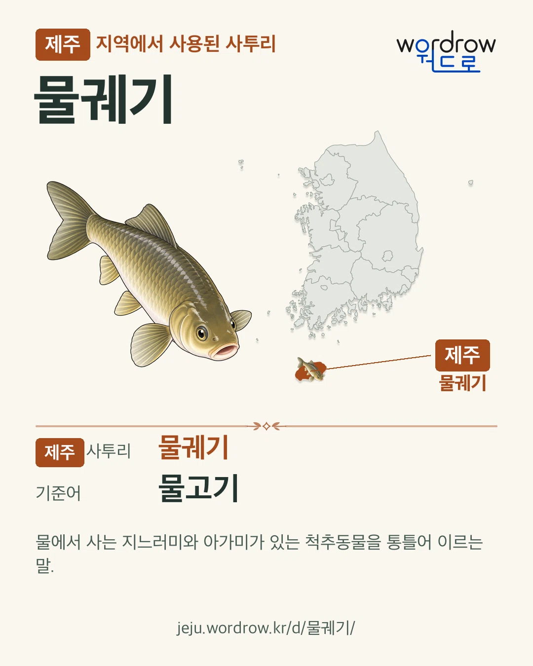 제주 지역에서 사용된 사투리 ‘물궤기’. 기준어: 물고기. 기록 지역을 표시한 카툰 삽화와 지도 카드.